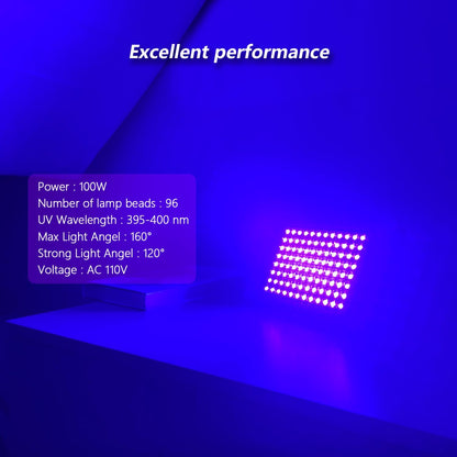 Proiector UV LED 100W IP66 395-400nm, lumina neagra 395–400 nm, IP66 impermeabil, 96 LED, unghi 180°, carcasa aluminiu, intrerupator + cablu 1.5 m, suport reglabil 360°, pentru petreceri, bar, club, Halloween, scena