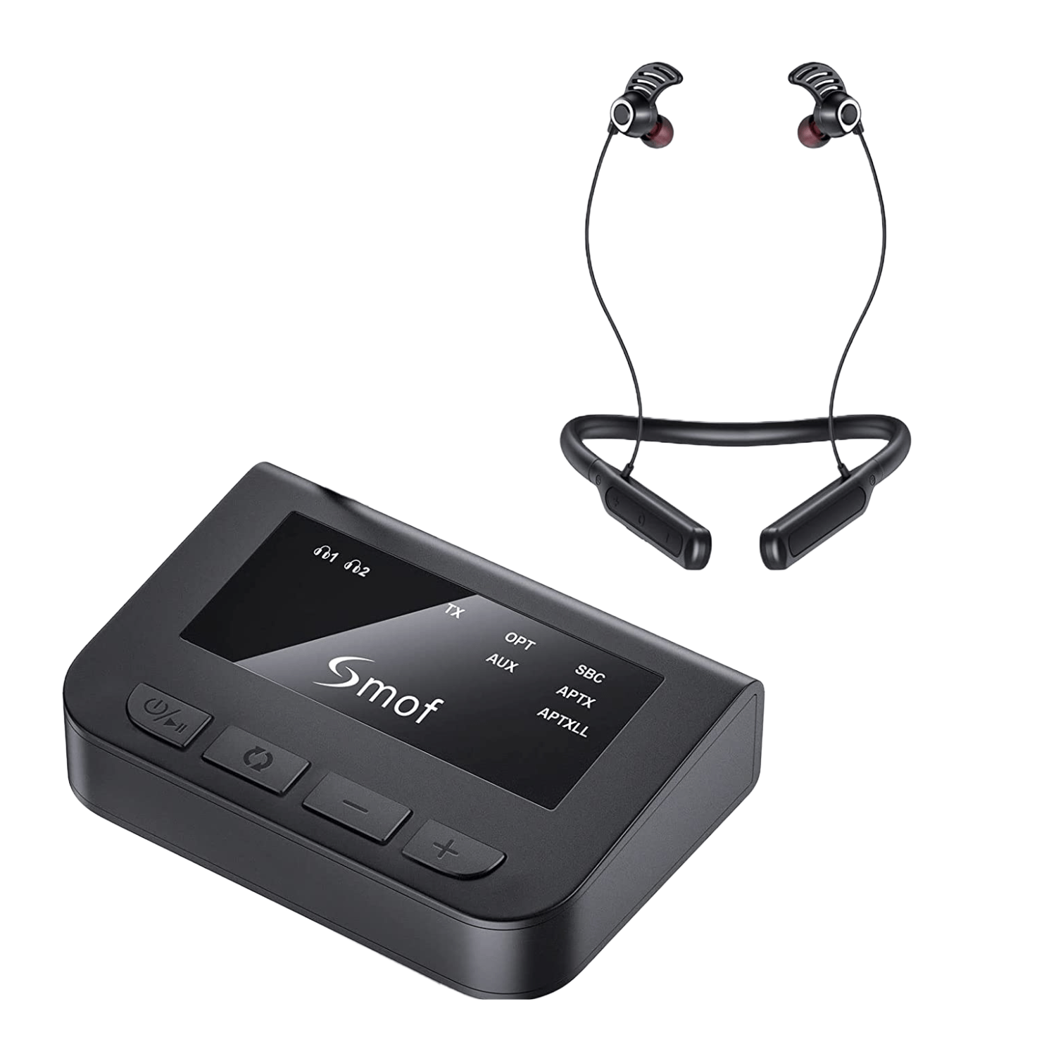 Set transmitator Bluetooth 5.0 si casti wireless pentru TV, control indepentent al volumului, fara audio delay, conectare prin RCA, optic, plug & play