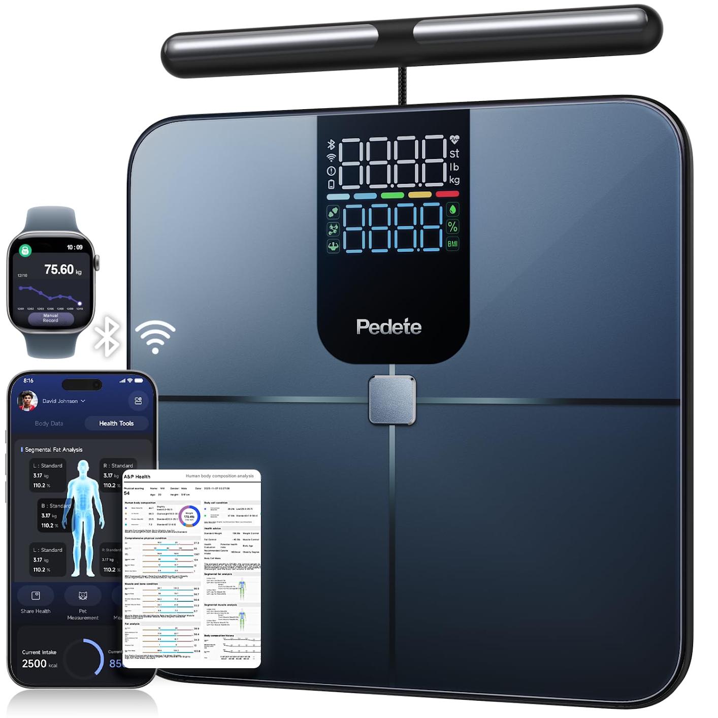 Cantar inteligent corporal 8 electrozi cu manere, analiza profesionala 45+ parametri (grasime, masa musculara, IMC), BIA Dual Frequency, monitor ritm cardiac, bluetooth si aplicatie A&P Health, ecran LED, 180 kg, pentru fitness si sanatate