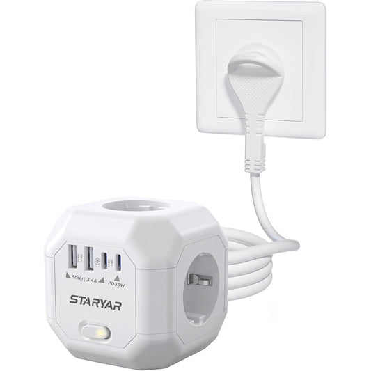 Prelungitor cub cu 4 prize, 2 USB-A su 2 USB-C PD 35W, 4000W, comutator ON/OFF, cablu de 2 m, 7.6 x 7.8 cm, alb