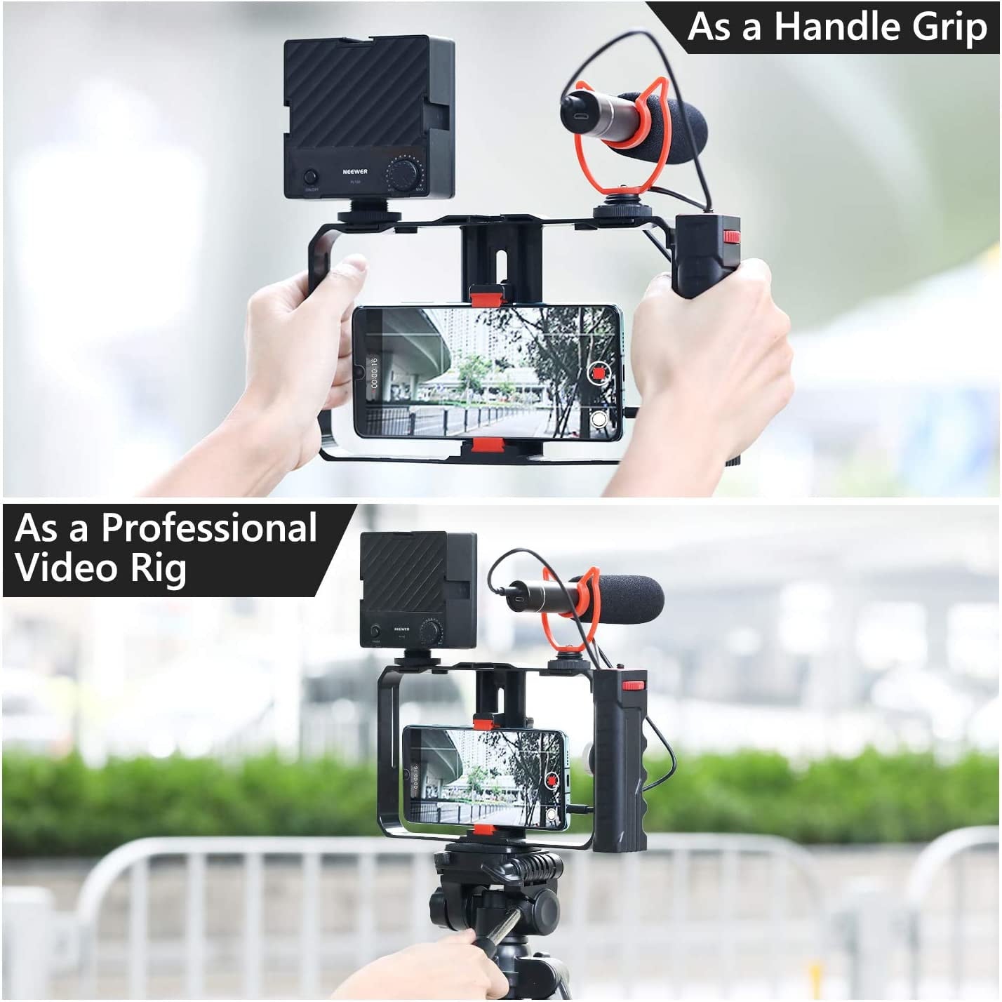 Cadru video rig pentru smartphone cu filet 1/4, utilizare orizontala sau verticala, montare trepied, din Aluminiu prelucrat CNC, pentru iPhone 11 Pro, 11 Pro Max, X, Xs, Huawei, Samsung