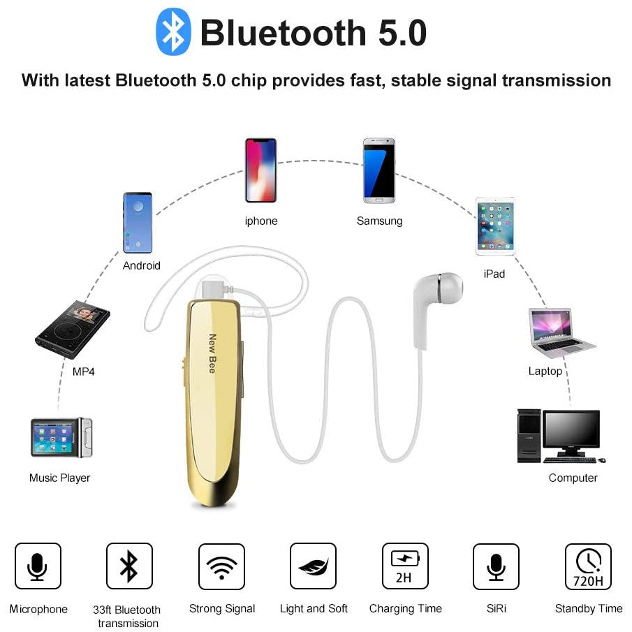 Casca New Bee Bluetooth V5.0, Handsfree, wireless, Reincarcabile, Stereo, Auriu