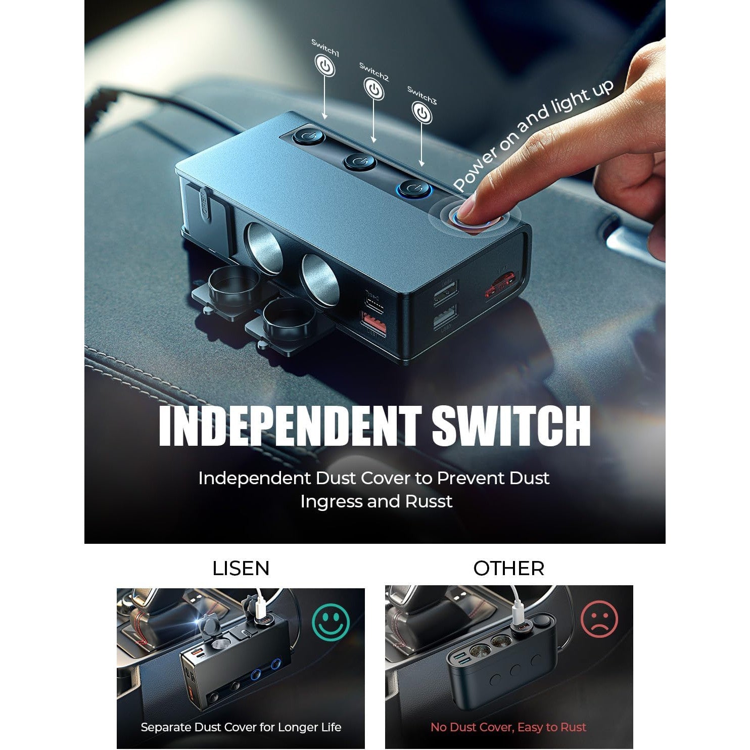 Adaptor bricheta auto 191W Pro, 12V/24V, cu 2 porturi QC & 3.0 18W, 2 PD & 3.0 Pro 30W, 3 prize soclu 80W, 2 porturi USB 15W, monitorizare LED a tensiunii, intrerupatoare, incarcator priza auto pentru smartphone, tableta, dashcam