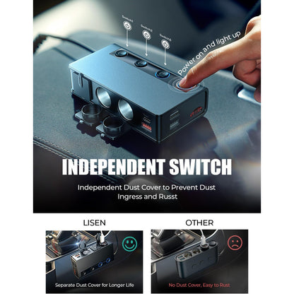 Adaptor bricheta auto 191W Pro, 12V/24V, cu 2 porturi QC & 3.0 18W, 2 PD & 3.0 Pro 30W, 3 prize soclu 80W, 2 porturi USB 15W, monitorizare LED a tensiunii, intrerupatoare, incarcator priza auto pentru smartphone, tableta, dashcam