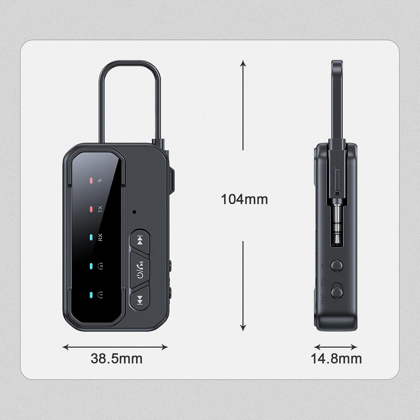 Adaptor Bluetooth 5.4 audio Wireless 2 in 1 TX/RX, pentru avion si masina, compatibil 2 casti Bluetooth/AirPods, Jack AUX 3.5 mm, pentru TV, PC, Laptop, boxe si sisteme audio vechi, latenta redusa, baterie reincarcabila