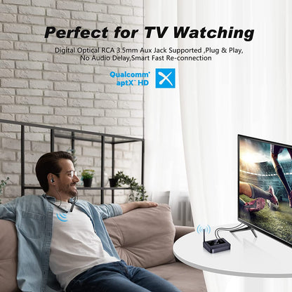 Set transmitator Bluetooth 5.0 si casti wireless pentru TV, control indepentent al volumului, fara audio delay, conectare prin RCA, optic, plug & play