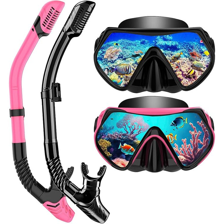 Set masca de snorkeling profesionala anti-ceata cu snorkel, cureaua reglabila, inchidere cu bila, sticla securizata, din silicon alimentar de inalta calitate, pentru barbati si femei, masca de scafandru pentru scufundari, negru/roz
