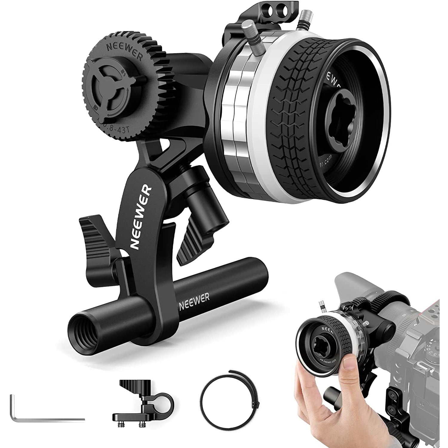 Adaptor follow focus mini pentru obiectiv de pana la 114 mm, cu tija de 15 mm si clema, cu opritoare A/B, pentru cage, camera foto mirrorless, DSLR, Neewer PG001