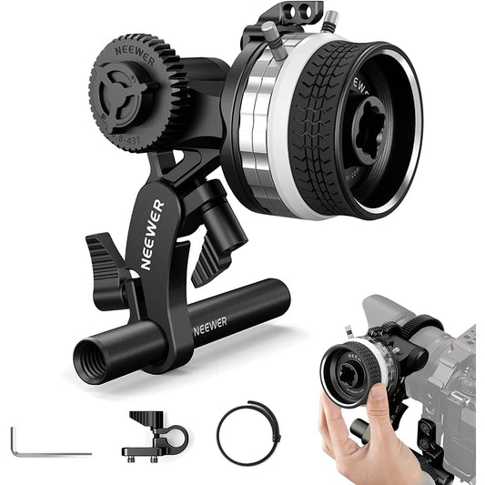 Adaptor follow focus mini pentru obiectiv de pana la 114 mm, cu tija de 15 mm si clema, cu opritoare A/B, pentru cage, camera foto mirrorless, DSLR, Neewer PG001