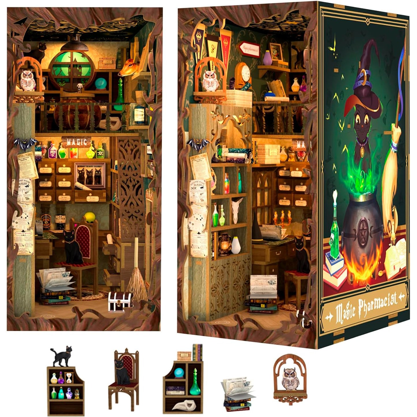 Puzzle 3D Cotor de carte DIY, Magician, Cu lumini LED, 282 piese, Book Nook Magic Pharmacist, Cutebee