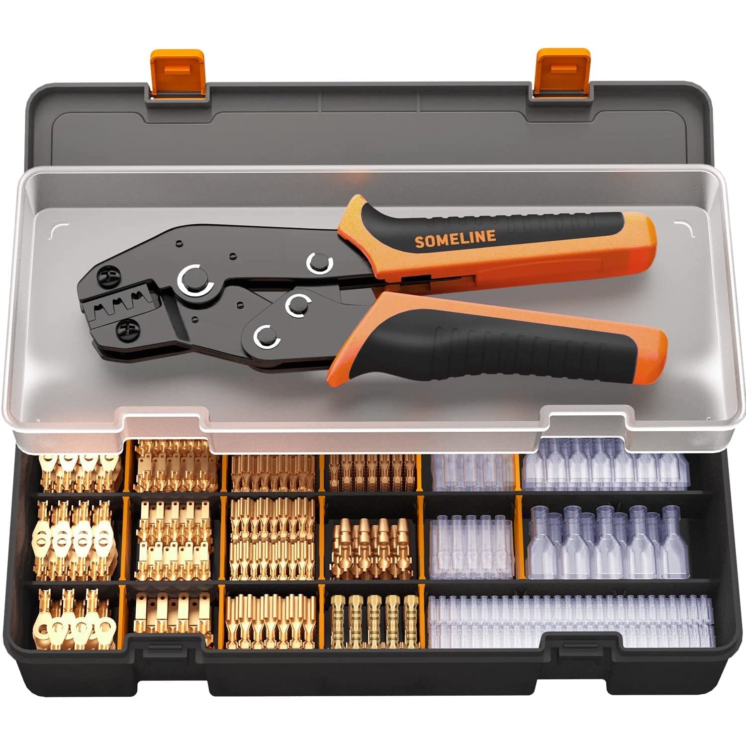 Set cleste de sertizat pini conectori cu 240 terminale conductori 0,25 - 2,5 mm², conectori mama-tata cu mansoane de protectie, cu cutie de depozitare si transport