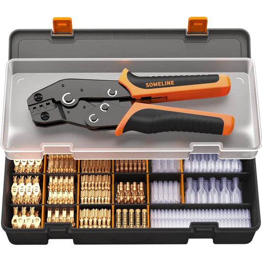 Set cleste de sertizat pini conectori cu 240 terminale conductori 0,25 - 2,5 mm², conectori mama-tata cu mansoane de protectie, cu cutie de depozitare si transport