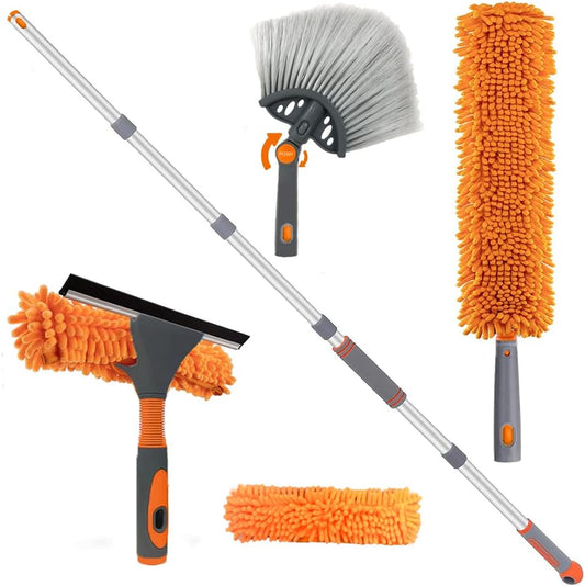 Stergator de geamuri cu maner telescopic, laveta din microfibra, 3 capuri interschimbabile, pentru curatare geamuri si locuri greu accesibile