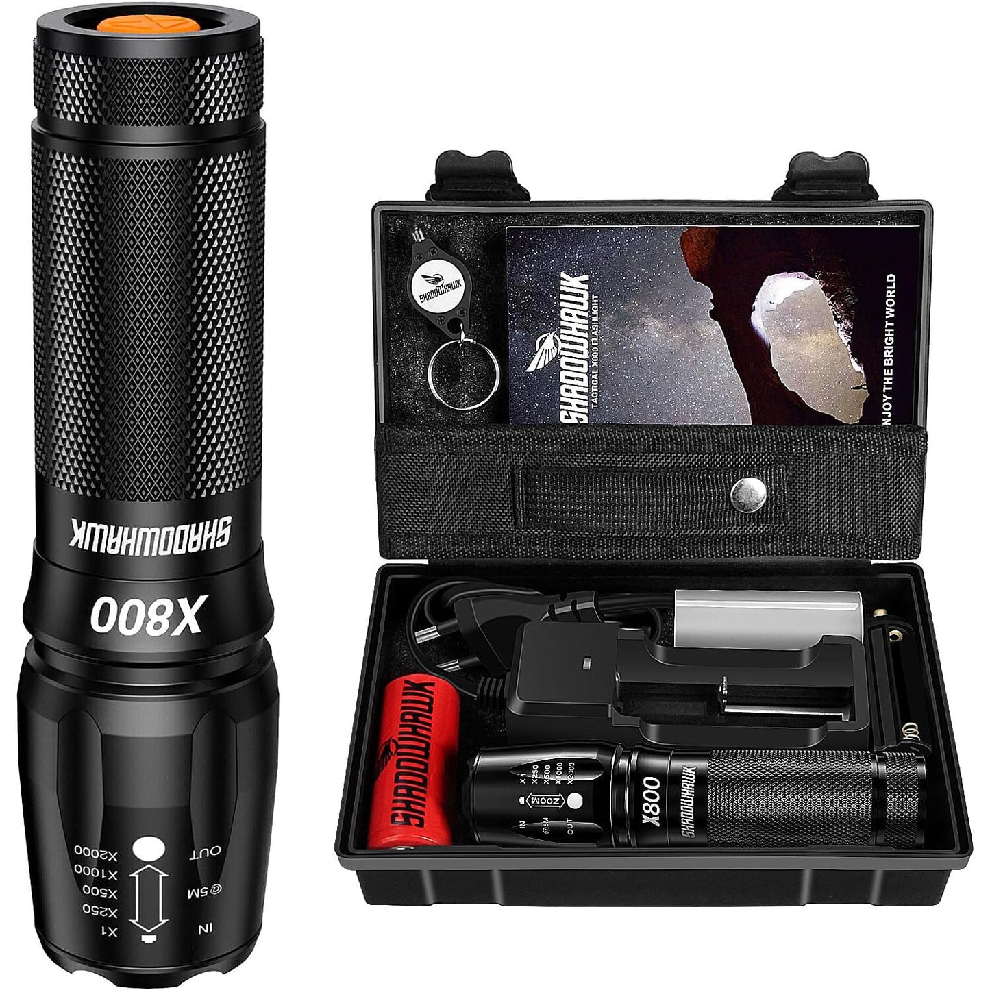 Lanterna tactica LED, din aluminiu, 15000 lumeni, profesionala, focus ajustabil, acumulator inclus, 5 moduri iluminare, rezistenta la apa, incarcare USB, sursa XML-U2