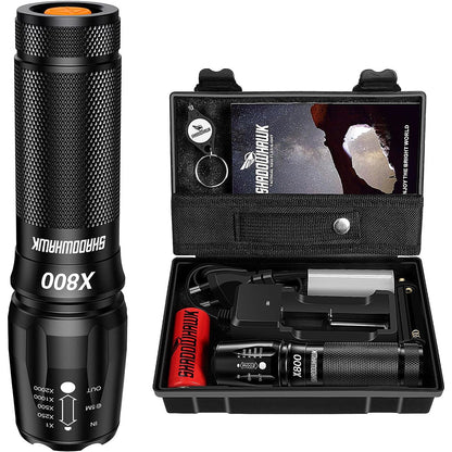 Lanterna tactica LED, din aluminiu, 15000 lumeni, profesionala, focus ajustabil, acumulator inclus, 5 moduri iluminare, rezistenta la apa, incarcare USB, sursa XML-U2