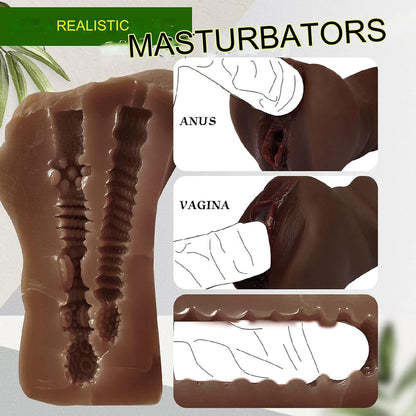Masturbator realist, jucarie sexuala cu textura interioara stimulativa, tip vagin si anus, culoare ciocolata neagra