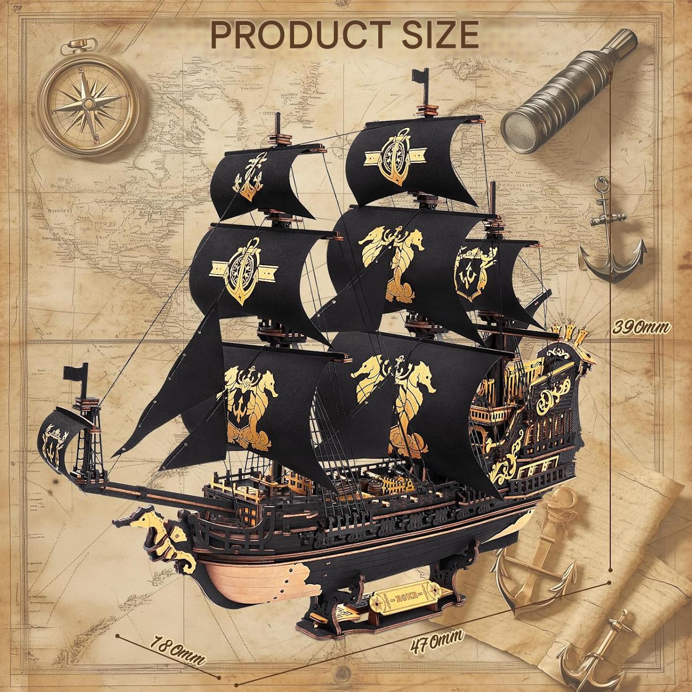 Puzzle 3D din lemn, model de barca cu panze si calut de mare, kit de constructie pentru adulti, decoratiuni artizanale, 603 piese, 47×18×39 cm, cadou special pentru barbati
