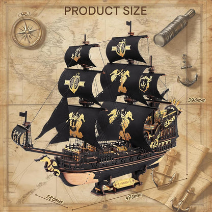 Puzzle 3D din lemn, model de barca cu panze si calut de mare, kit de constructie pentru adulti, decoratiuni artizanale, 603 piese, 47×18×39 cm, cadou special pentru barbati