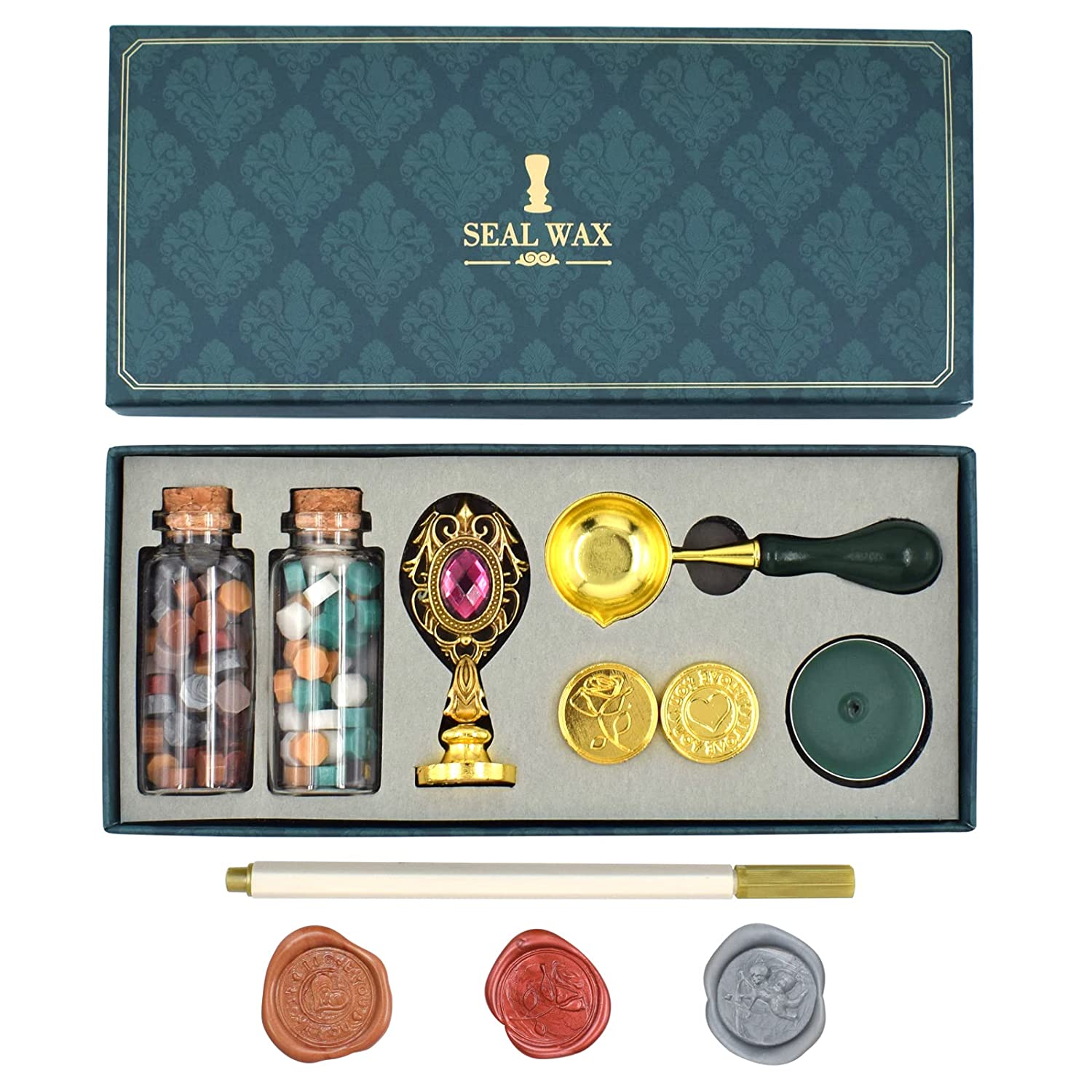 Set de stampile ceara, sigiliu cu 3 modele diferite, ceara multicolora, lumanare si lingura de topire