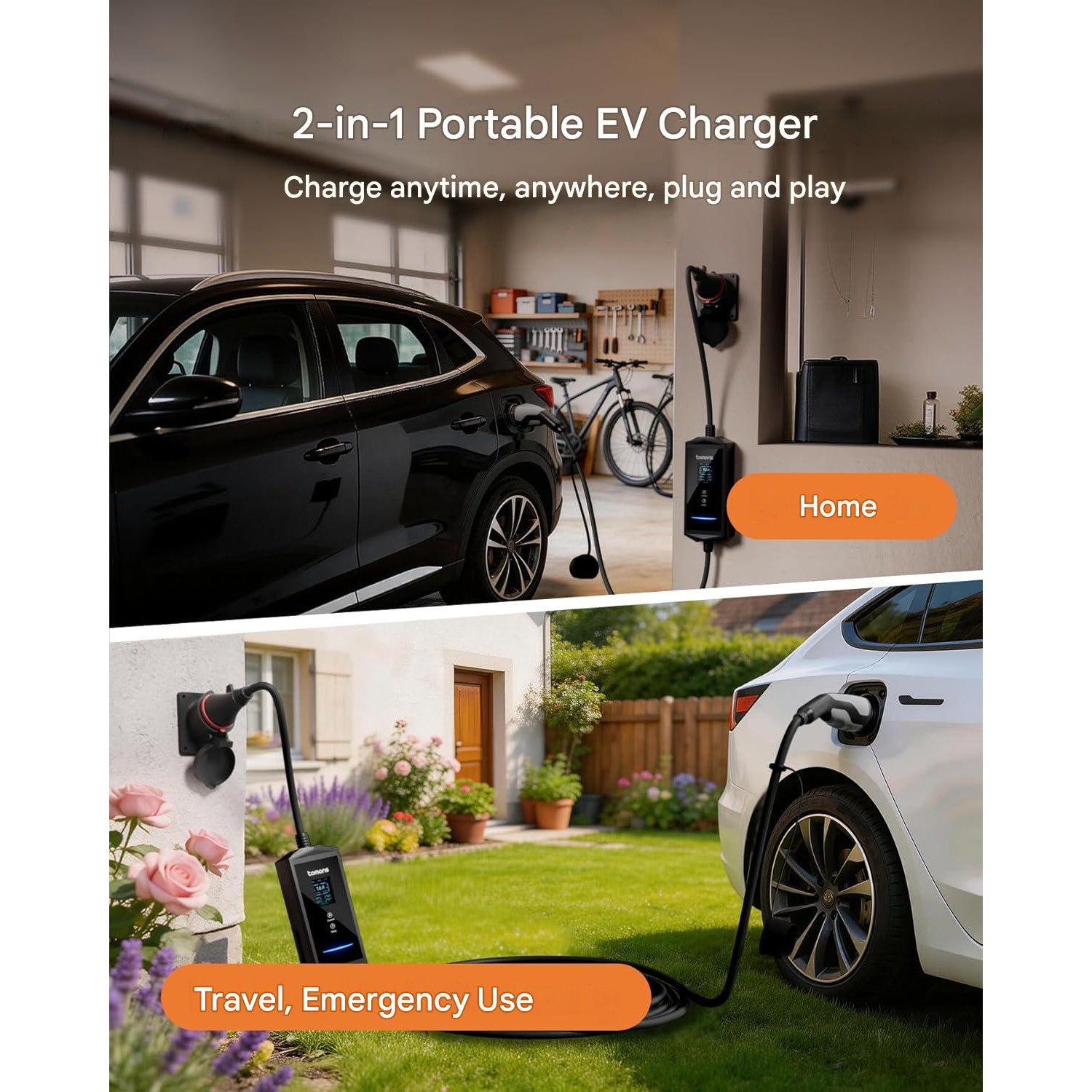 Statie de incarcare portabila EV Tomons 11kW (Mobile Wallbox), Type 2 7m, 400V trifazic 6-16A reglabil, aplicatie Bluetooth, ecran LCD 2.4”, IP65, timer, compatibil Tesla Model 3/Y, VW ID.3/4/5/7