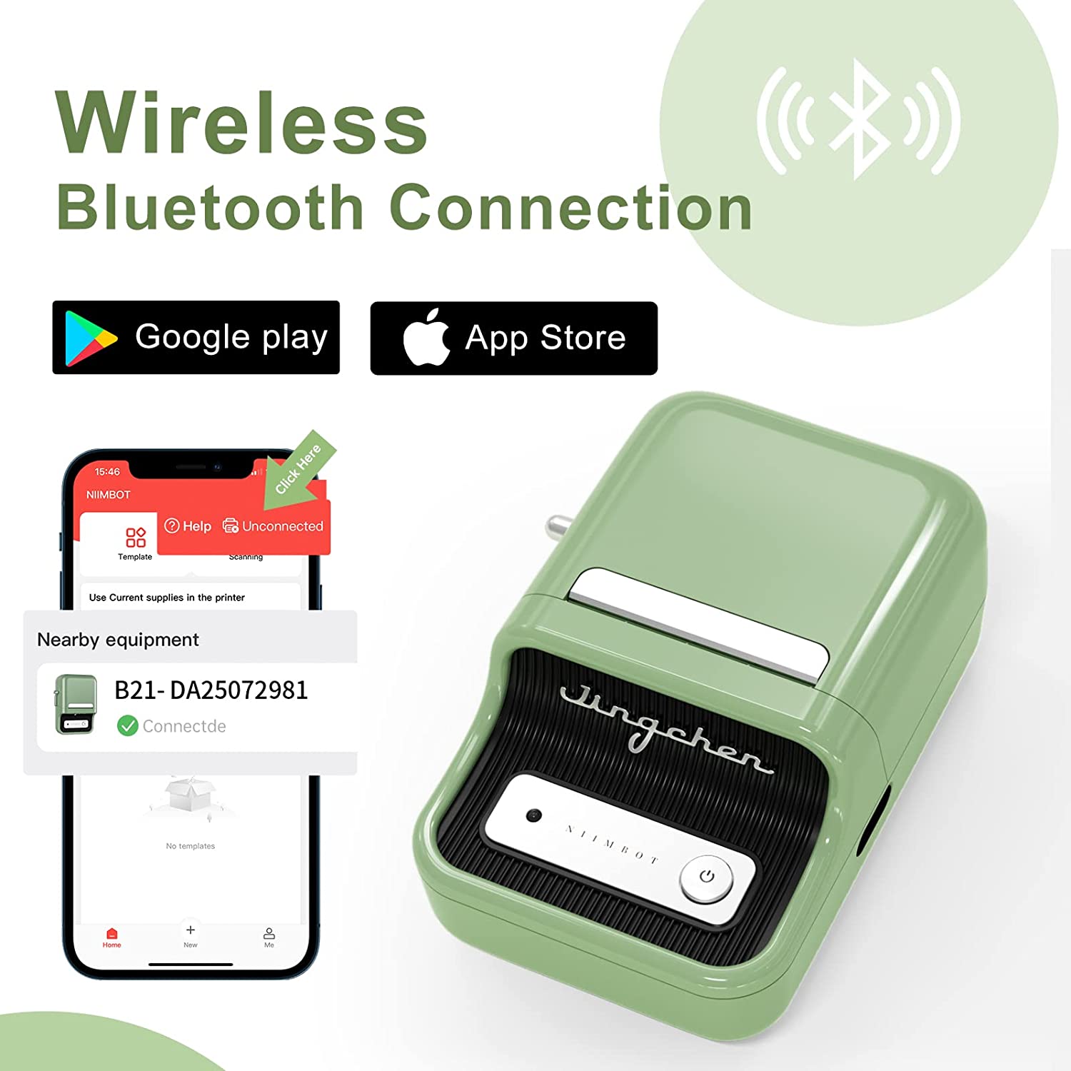 Imprimanta termica de etichete, Bluetooth, portabila, cu 1 rola etichete 50 x 30 mm, aspect vintage, verde, Deepin B21