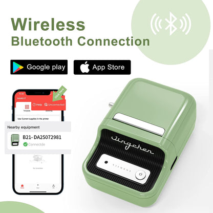 Imprimanta termica de etichete, Bluetooth, portabila, cu 1 rola etichete 50 x 30 mm, aspect vintage, verde, Deepin B21