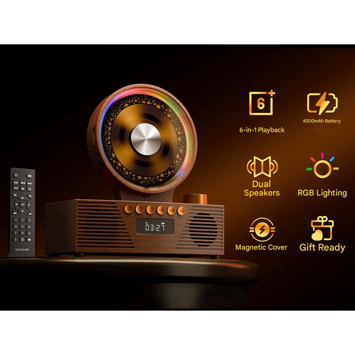 CD player portabil ROADOM Bluetooth 5.3, difuzoare duale Hi-Fi, baterie 4000 mAh, 6 in 1 CD, USB, TF, FM, AUX, lumina RGB, telecomanda, design retro vintage din lemn, maro