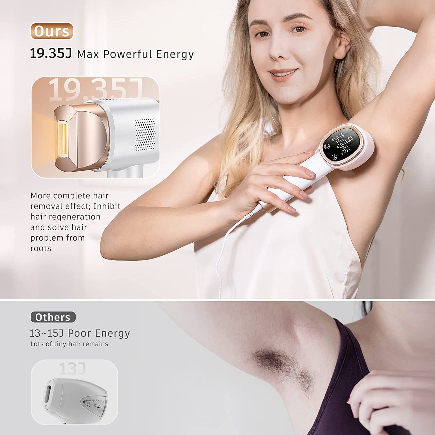 Epilator laser IPL, cu 999.999 de impulsuri luminoase, 3 moduri functionale HR/SC/RA, 9 intensitati, rapid, regenerare piele si indepartare acnee, Aminzer