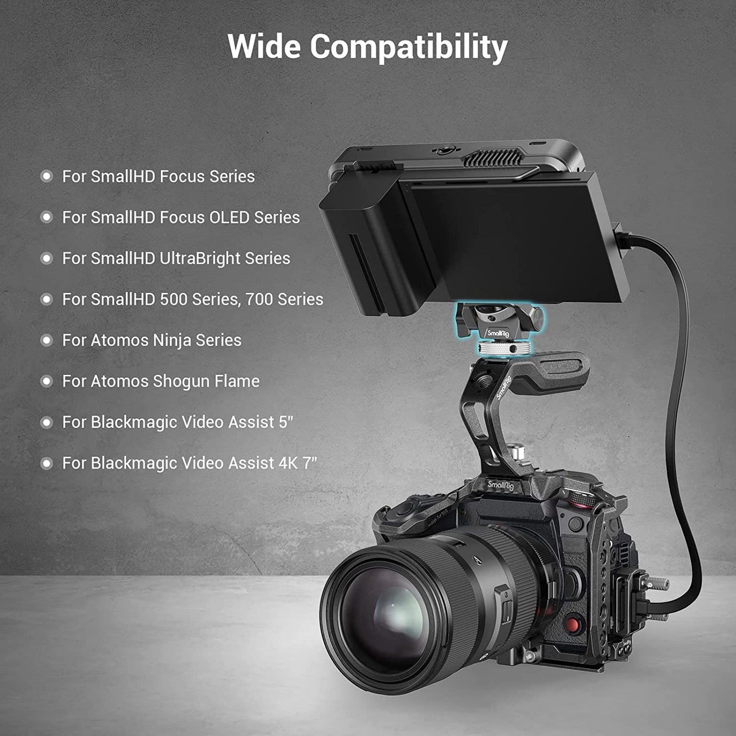 Suport monitor cu adaptor cold shoe si surub 1/4 inch, rotativ 360° si cu inclinare 180°, reglabil, cu surub de fixare, Smallrig 2905B