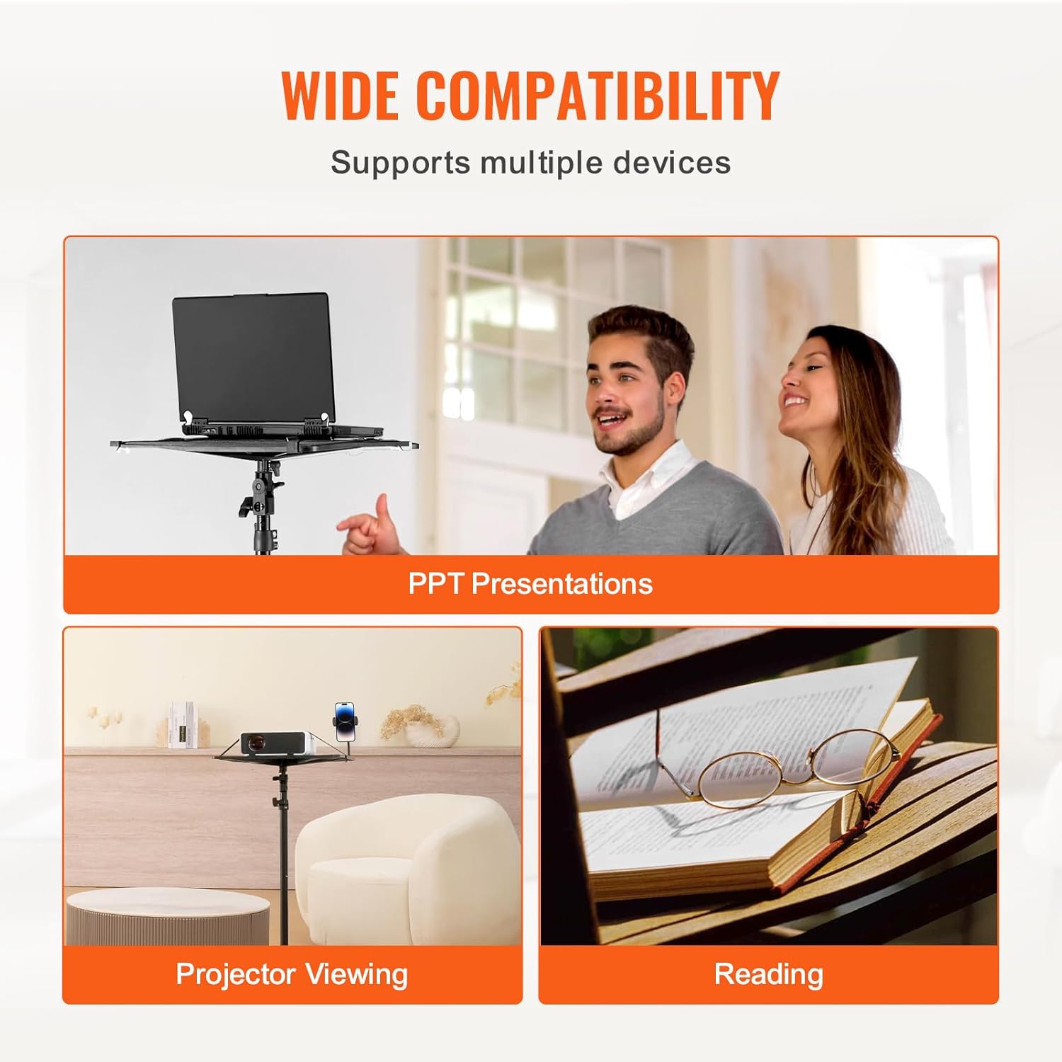 Suport pentru videoproiector sau laptop cu trepied, inaltime reglabila 68 - 160 cm, suport telefon gooseneck, unghi reglabil 180°, portabil, design pliabil, capacitate 5 kg, pentru proiector, tableta, mixer, laptop, partitura, negru