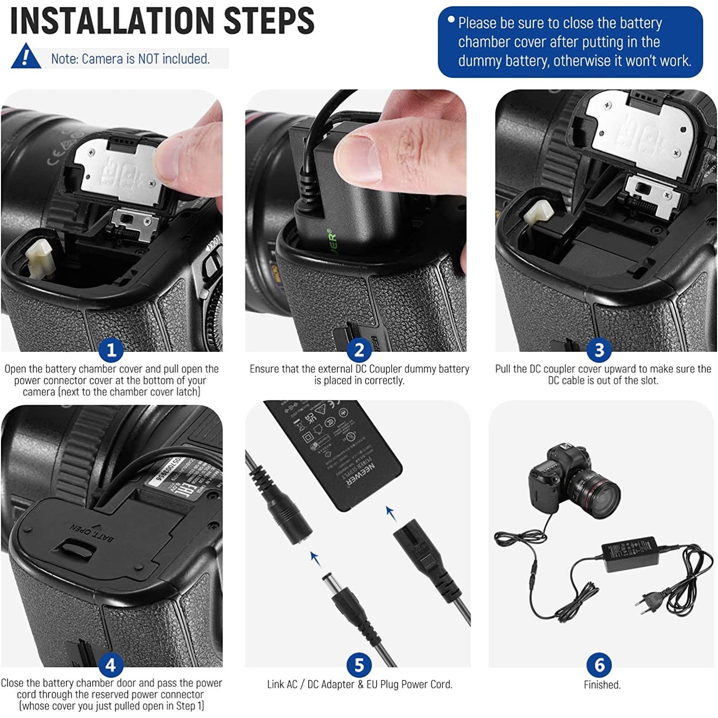 Baterie Dummy pentru LP-E6 LP-E6N LP-E6NH cu mufa si adaptor de alimentare, acumulator fals compatibil cu Canon EOS R Ra R3 R5 R5C R6 R6II R7 5D 6D 7D Mark II/III/IV 5DS 5DSR