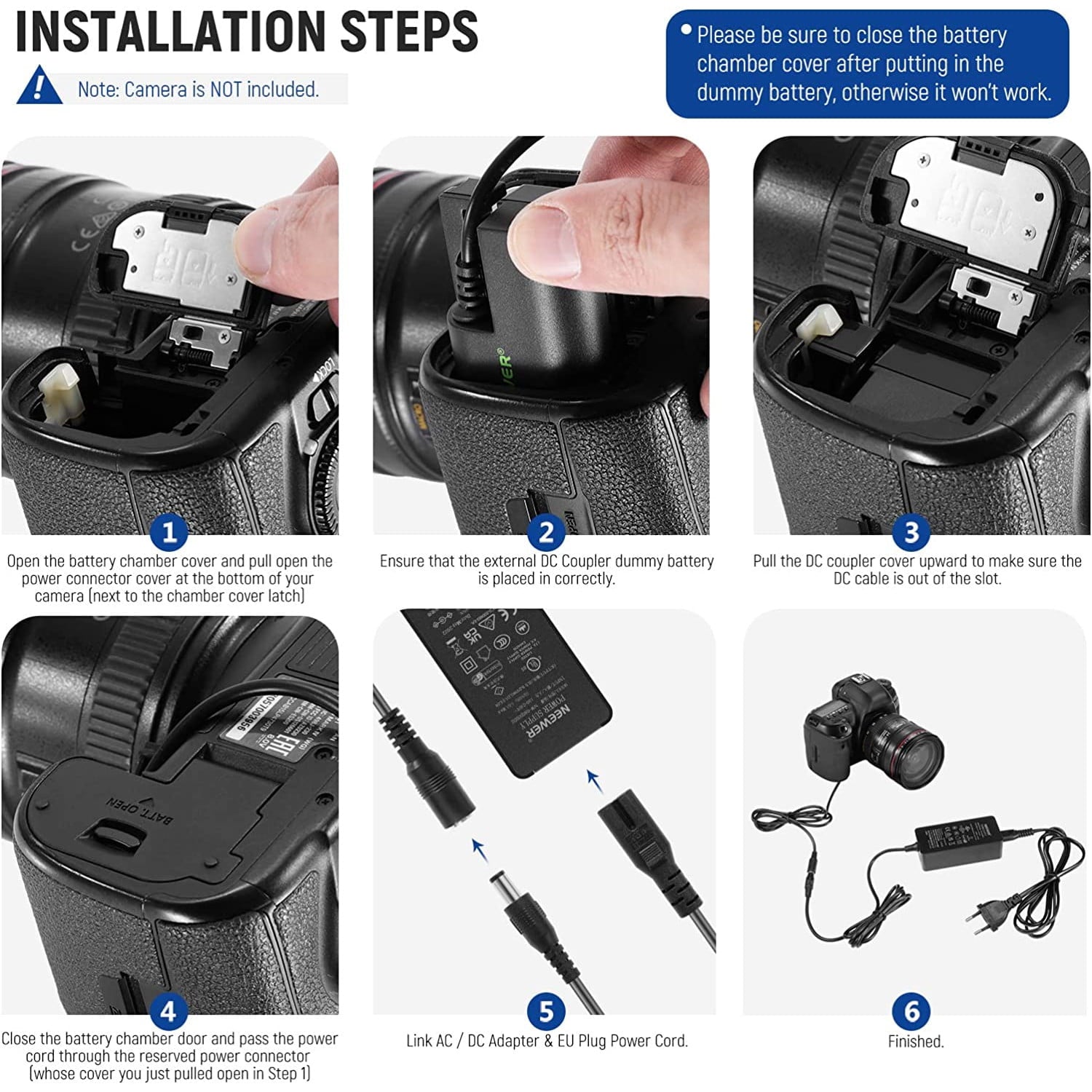 Baterie Dummy pentru LP-E6 LP-E6N LP-E6NH cu mufa si adaptor de alimentare, acumulator fals compatibil cu Canon EOS R Ra R3 R5 R5C R6 R6II R7 5D 6D 7D Mark II/III/IV 5DS 5DSR