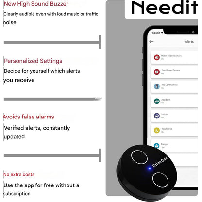 Alarma trafic Needit Drive One 2 Model 2026, avertizare camere radar fixe si mobile, avertismente sonore si LED, baza date BlitzerApp Europa, instalare automata Plug & Play, design discret pentru bord, negru