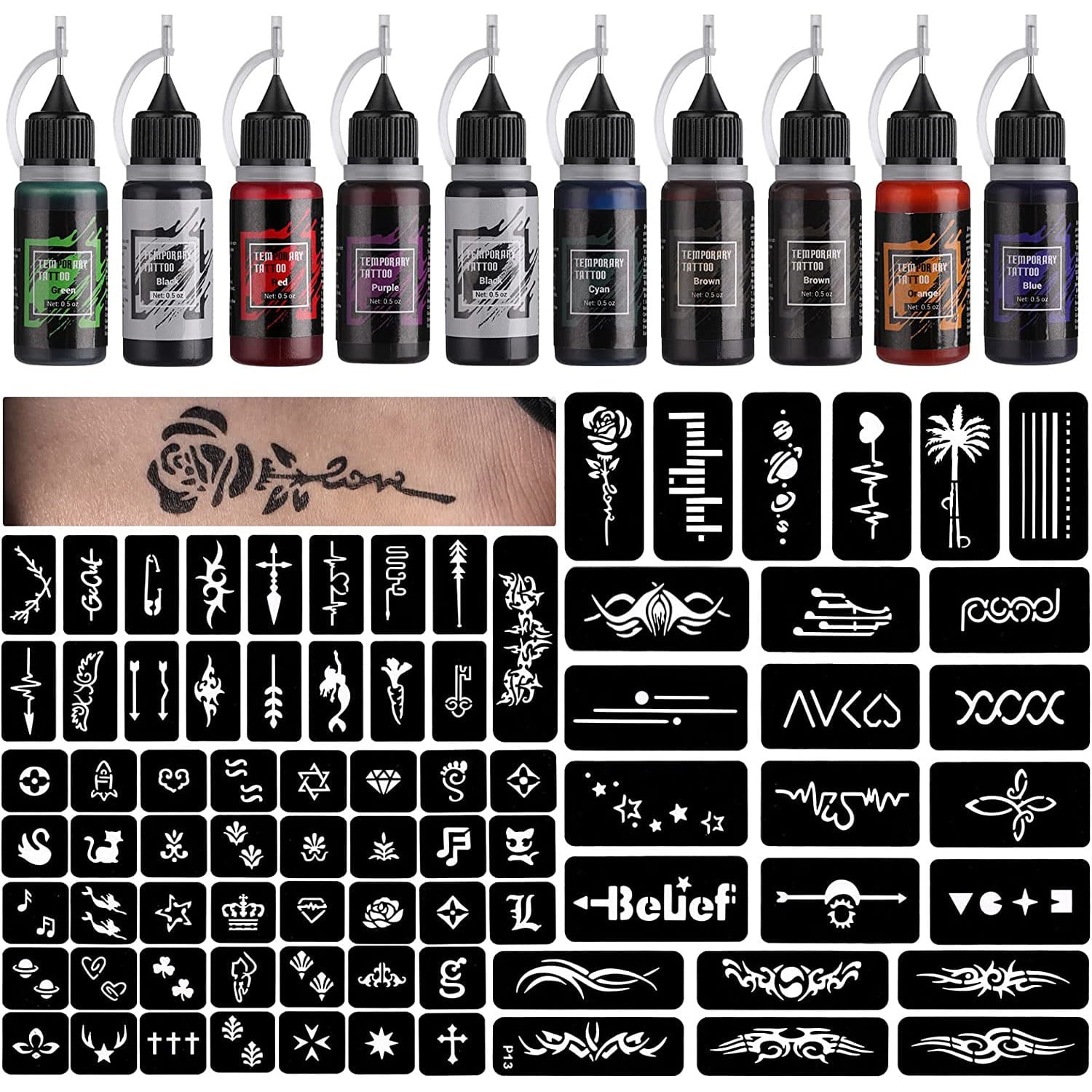 Kit de tatuaje temporare cu 10 sticle de cerneala diferite de 15 ml si 84 sabloane diferite, rezistente la apa, usor de utilizat
