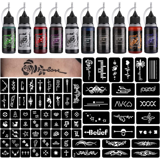 Kit de tatuaje temporare cu 10 sticle de cerneala diferite de 15 ml si 84 sabloane diferite, rezistente la apa, usor de utilizat