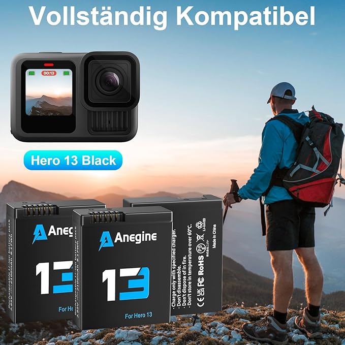 Set 3 acumulator pentru Hero 13 Black Enduro, 2100 mAh, 5V 3A, incarcator de stocare USB cu 3 canale LED baterie reincarcabila cu tip C