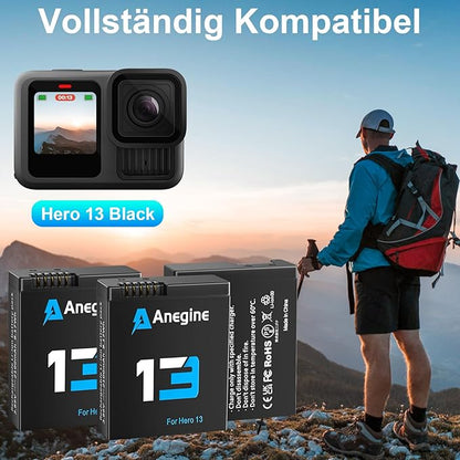 Set 3 acumulator pentru Hero 13 Black Enduro, 2100 mAh, 5V 3A, incarcator de stocare USB cu 3 canale LED baterie reincarcabila cu tip C