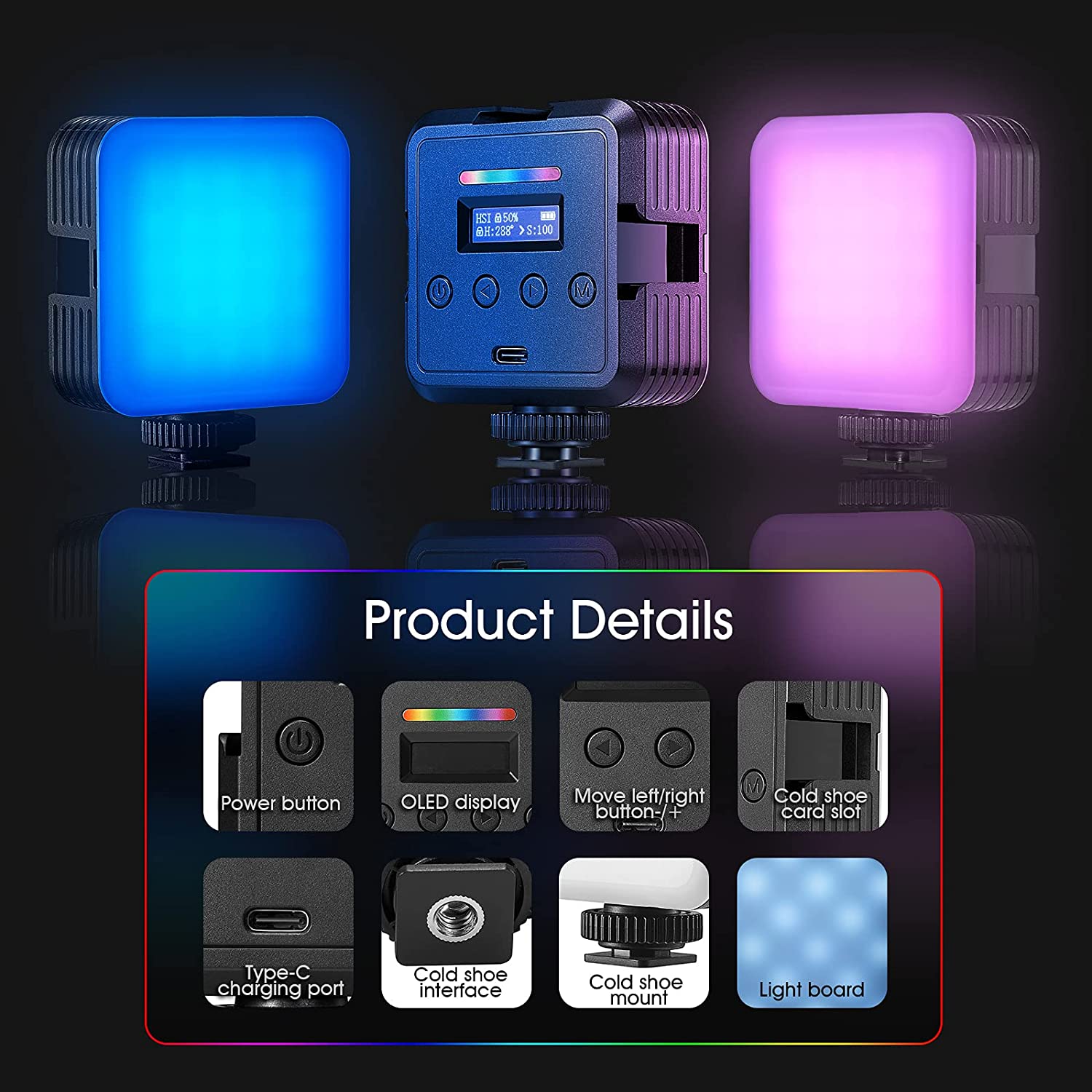 Lampa video LED RGB, lumina continua cu montura cold shoe, CRI 97+, 2500K-8500K, baterie 2000mAh, Neeweer, pentru camera, smartphone, GoPro