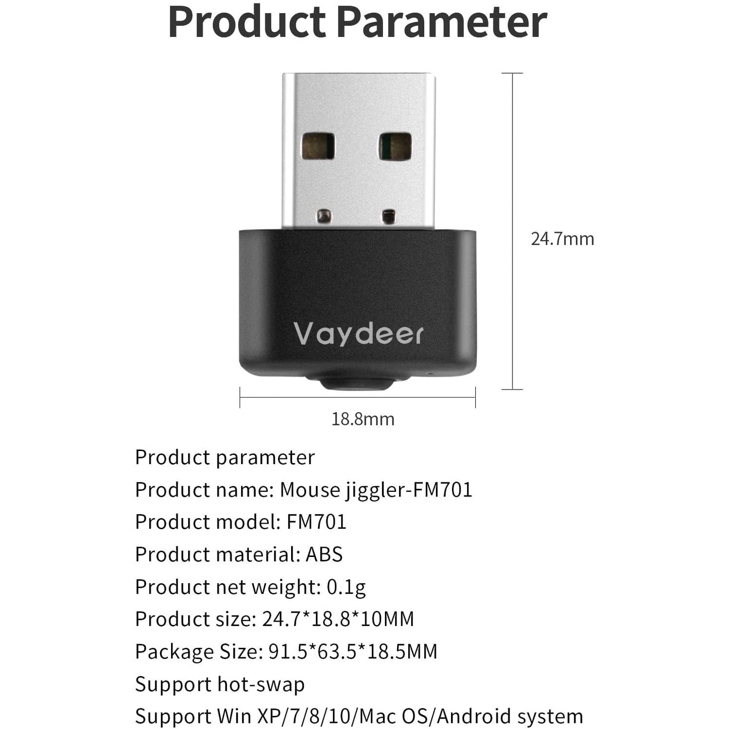 Mouse Jiggler mini Vaydeer, Plug and Play USB, cu buton pornire oprire, simuleaza miscarea mouse-ului, negru