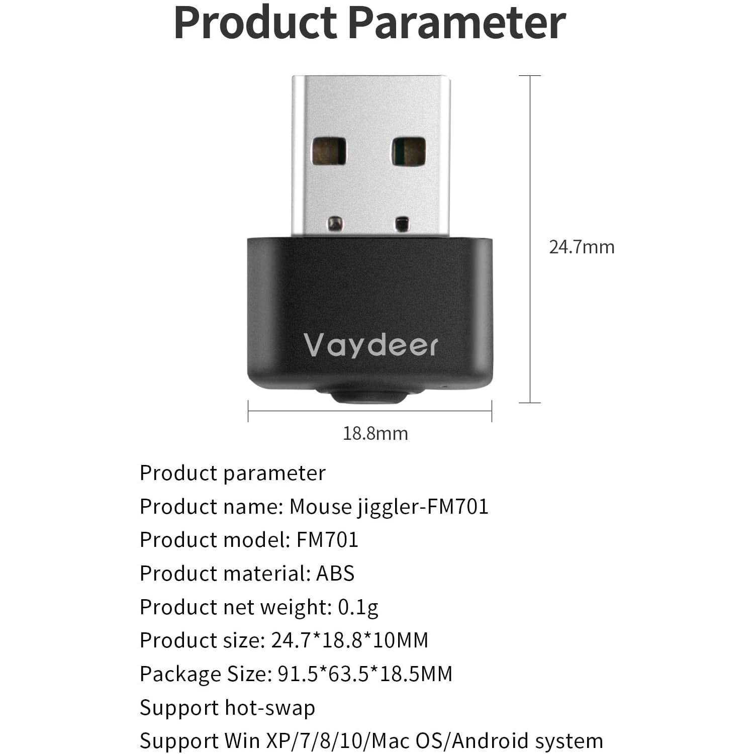 Mouse Jiggler mini Vaydeer, Plug and Play USB, cu buton pornire oprire, simuleaza miscarea mouse-ului, negru