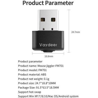 Mouse Jiggler mini Vaydeer, Plug and Play USB, cu buton pornire oprire, simuleaza miscarea mouse-ului, negru