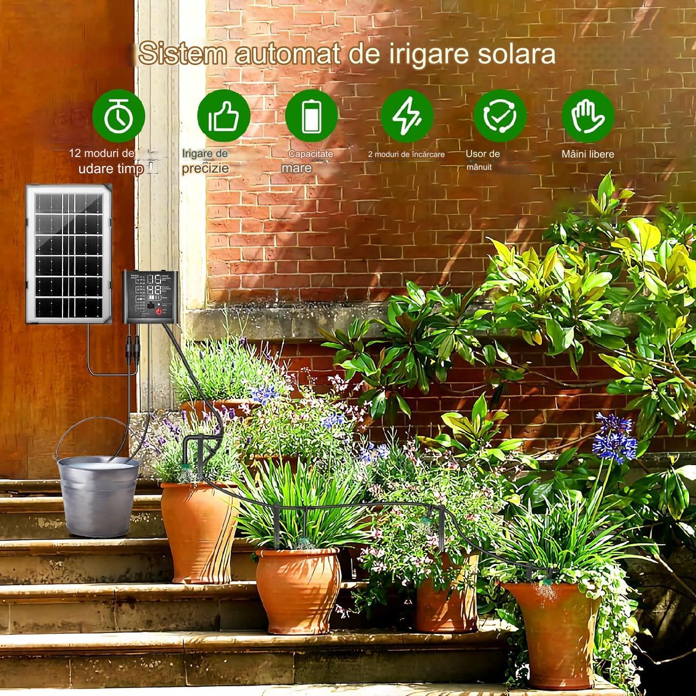 Kit sistem irigare prin picurare cu panou solar, cu 15 picuratoare reglabile, 12 moduri de temporizare, alimentare duala cu USB-C si panou solar, indicator nivel baterie, alerta lipsa apa, Helesin
