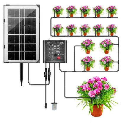 Kit sistem irigare prin picurare cu panou solar, cu 15 picuratoare reglabile, 12 moduri de temporizare, alimentare duala cu USB-C si panou solar, indicator nivel baterie, alerta lipsa apa, Helesin