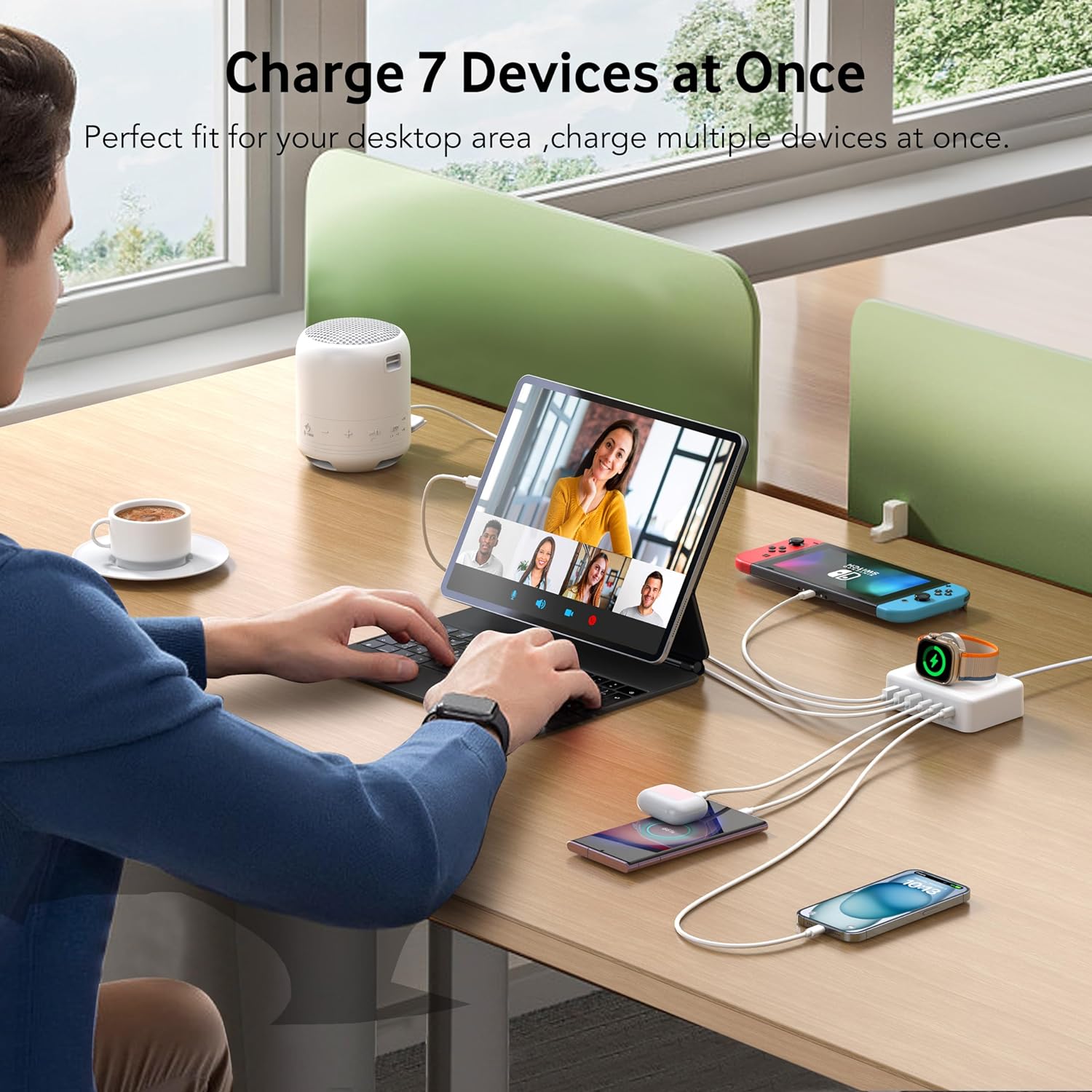 Incarcator retea 125W cu stand incarcare magnetic pentru Apple Watch, 3 porturi USB-C si 3 porturi USB-A, sursa alimentare cu incarcare rapida 20W pentru iPhone, iPad, Samsung, Huawei, Redmi