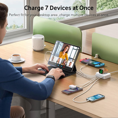 Incarcator retea 125W cu stand incarcare magnetic pentru Apple Watch, 3 porturi USB-C si 3 porturi USB-A, sursa alimentare cu incarcare rapida 20W pentru iPhone, iPad, Samsung, Huawei, Redmi