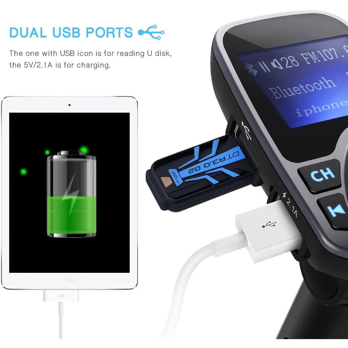 Modulator FM Bluetooth , Transmitator FM , MP3 player, Aux In, FM kit, USB 2.4A , micro SD, USB