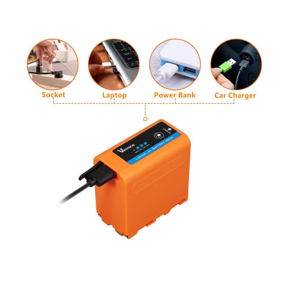 Set 2 acumulatori NP-F980, 7800 mAh, powerbank cu indicator LED, Micro USB, compatibil cu Sony NP F960/F980/F750/F550/F570/F530/F770/F930/F950