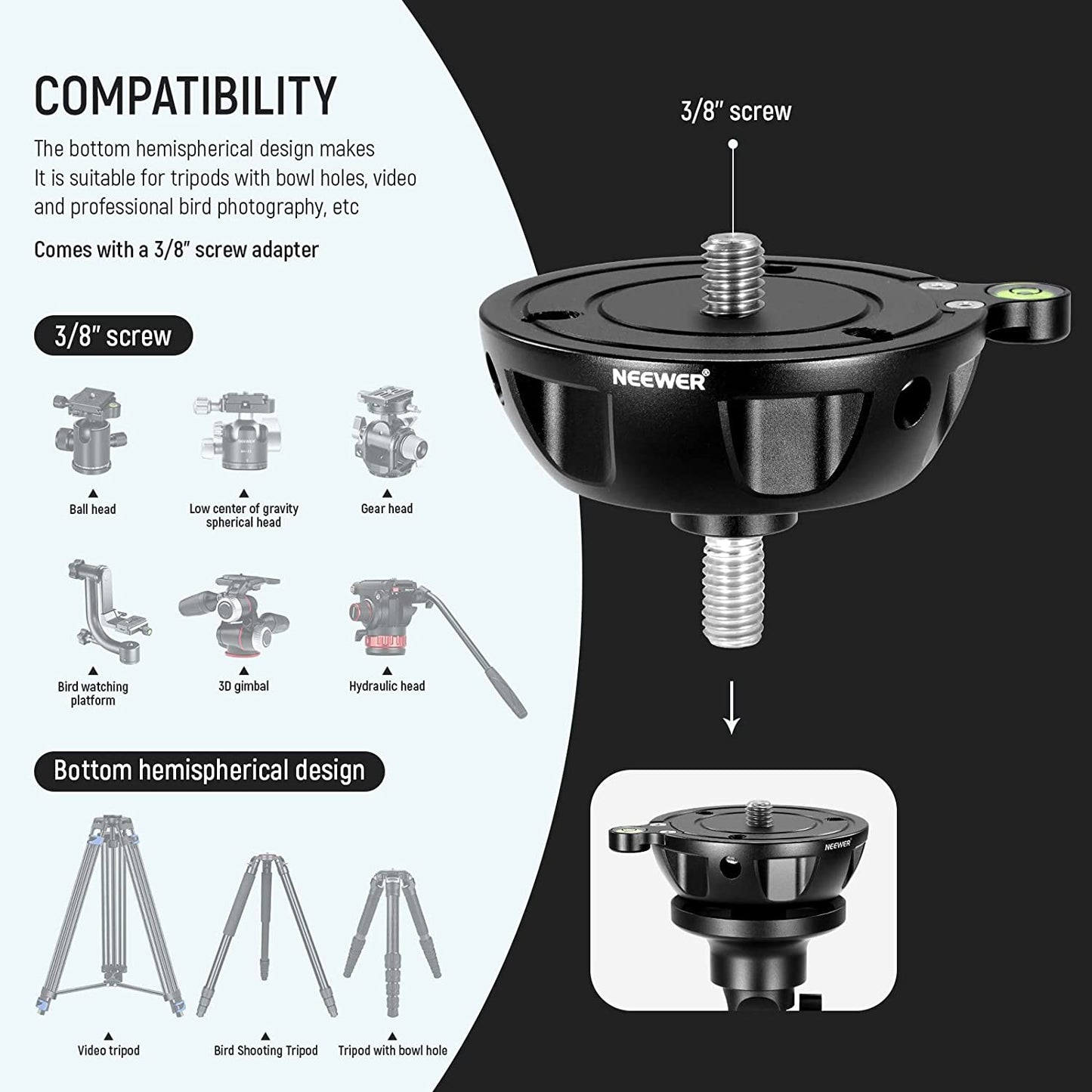 Baza de nivelare cap trepied cu bula, din aliaj de aluminiu, cu carlig pentru sac nisip, cu surub de montare 3/8", pliabil, Neewer GM003