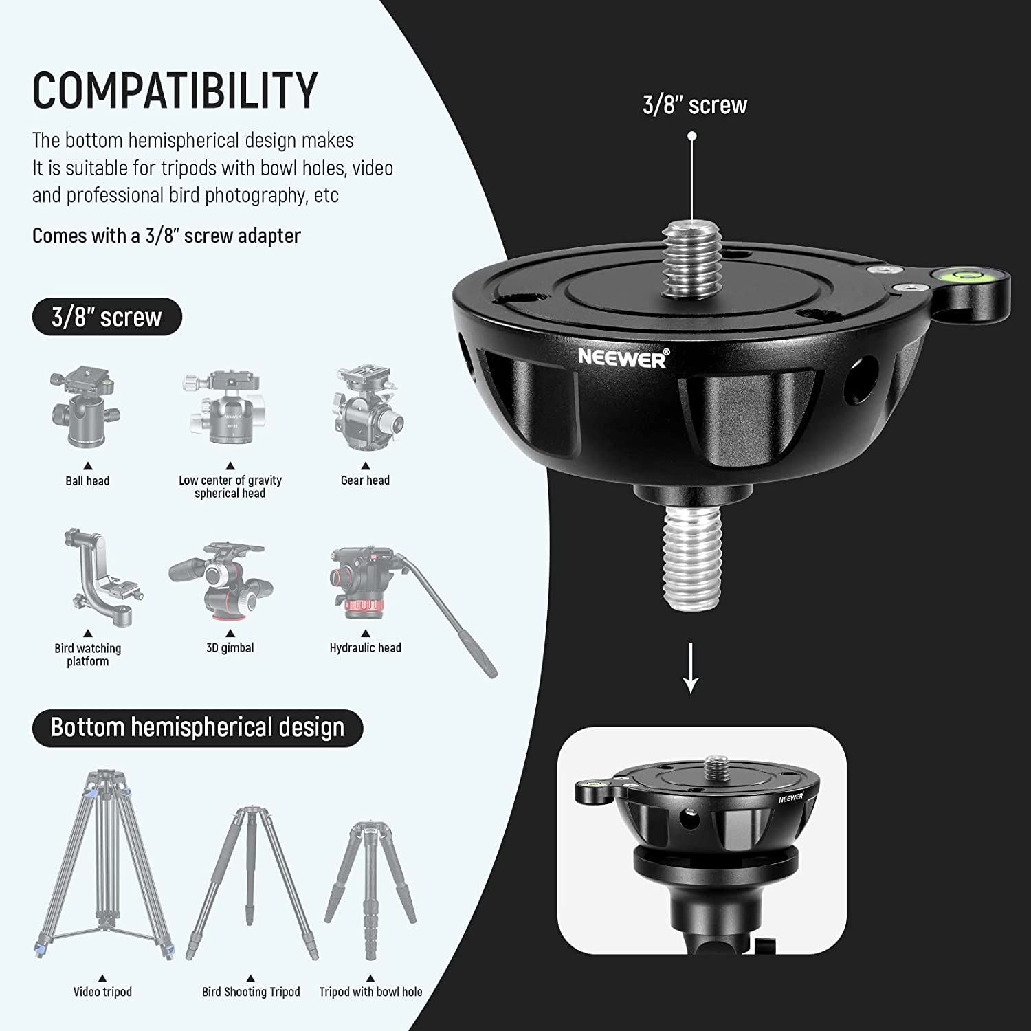 Baza de nivelare cap trepied cu bula, din aliaj de aluminiu, cu carlig pentru sac nisip, cu surub de montare 3/8", pliabil, Neewer GM003