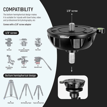 Baza de nivelare cap trepied cu bula, din aliaj de aluminiu, cu carlig pentru sac nisip, cu surub de montare 3/8", pliabil, Neewer GM003